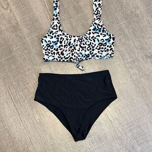Leopard Print Bikini Top and Black High-Waist Bottom